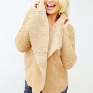 Hazel cream knit open front cardigan sweater faux suede fur size XL